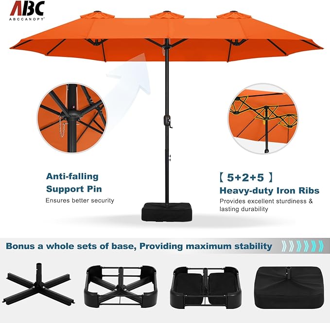 ABCCANOPY 15FT Patio Umbrella with Base, Outdoor Double-Sided Rectangle Umbrella Bonus Latch, Wights for Poolside, Lawn, Backyard (Orange)