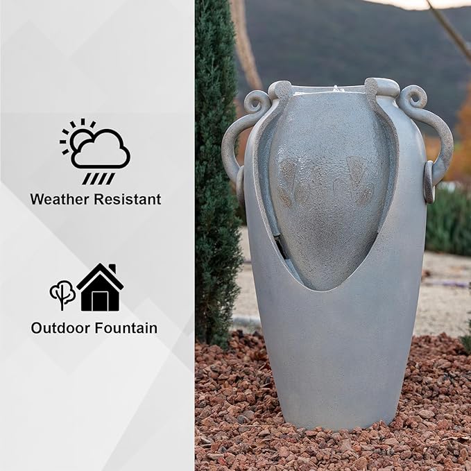 Xbrand 34" Solar Pot Fountain, Amphora-Inspired Design, Outdoor Water Fountain, Polyresin, Gray