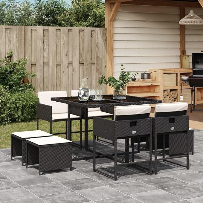 9 Piece Garden Dining Set, 8 Seater Outdoor Patio Furniture, Collapsible PE Rattan Table and Chairs with Cushions, Black