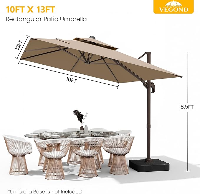 10x13 FT Patio Cantilever Umbrella (Base Not Included) (Base Not Included), Rectangular Heavy Duty Offset Umbrella for 8-10 People, 360°Rotation & Mult Tilt, Double Top Design, for Pool Garden Deck (Tan)