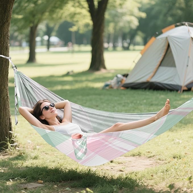 Mint Green and Pink Plaid 330lb Capacity Hammocks for Camping with Hanging Rope Indoor Hammock for Camping Travel Accessories hamacas para adultos con soporte