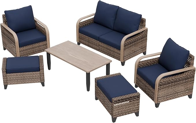 Modern Wicker Patio Furniture Set, Rattan Outdoor Conversation Set with Comfortable Cushions, 2 Patio Chairs, 2 Seat Loveseat, 2 Ottomans and Coffee Table, 6 Pieces, Brown/Blue
