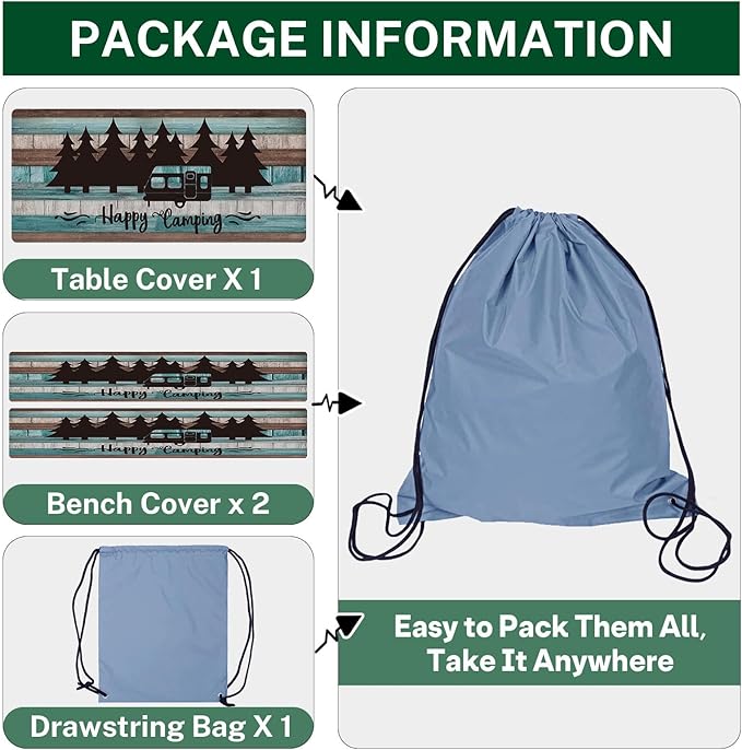 Picnic Table Cover with Bench Covers Elastic Edges, Teal Camper Fitted Table Cover, Outdoor Patio Camping Essentials 72 Inch 3PCS, Waterproof Camping Fitted Tablecloth with Drawstring Bag