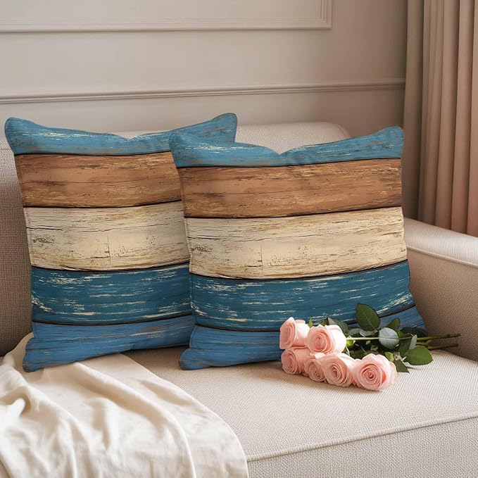 Farmhouse Navy Blue Brown Outdoor Waterproof Pillow Covers, Vintage Wooden Striped Decorative Square Throw Pillowcase Sofa Cushion Sham for Patio/Couch/Chair, 18"x18" 2 Pack