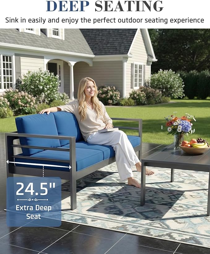 AECOJOY Aluminum Patio Furniture Set, 5 Seats Modern Outdoor Furniture with Coffee Table, 4 Pieces Metal Conversation Sectional Sofa, Blue