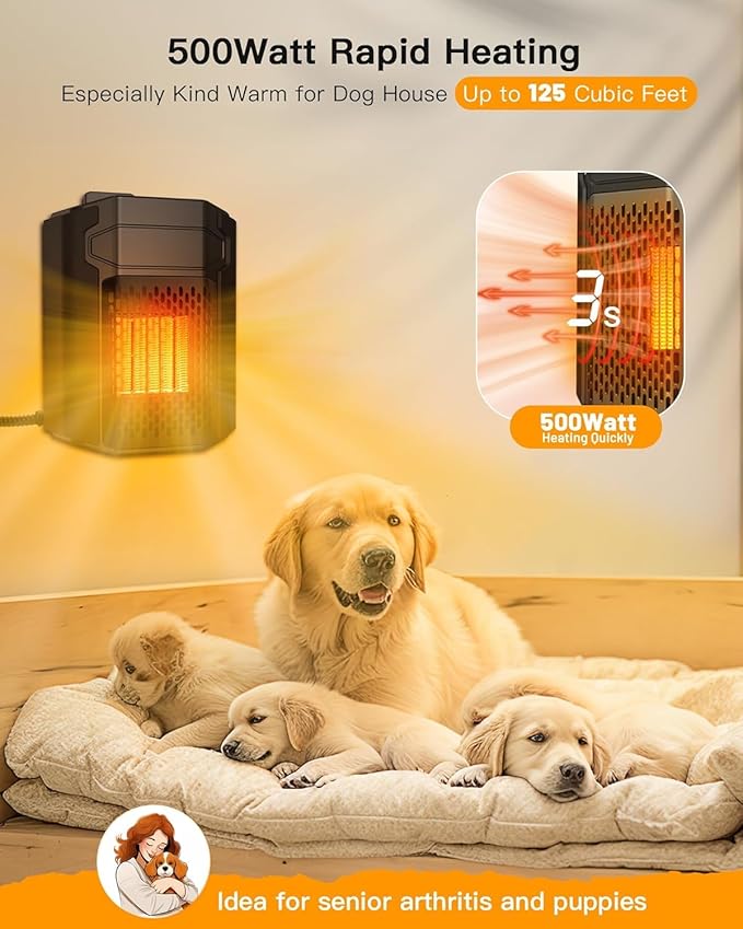 Outdoor Pet House Heater 500W - Kiroto WiFi APP Controlled Dog House Heater with Thermostat & Timer,Suitable for Winter Outdoor Heating of Outside Doghouses, Cat Beds and Chicken Coops