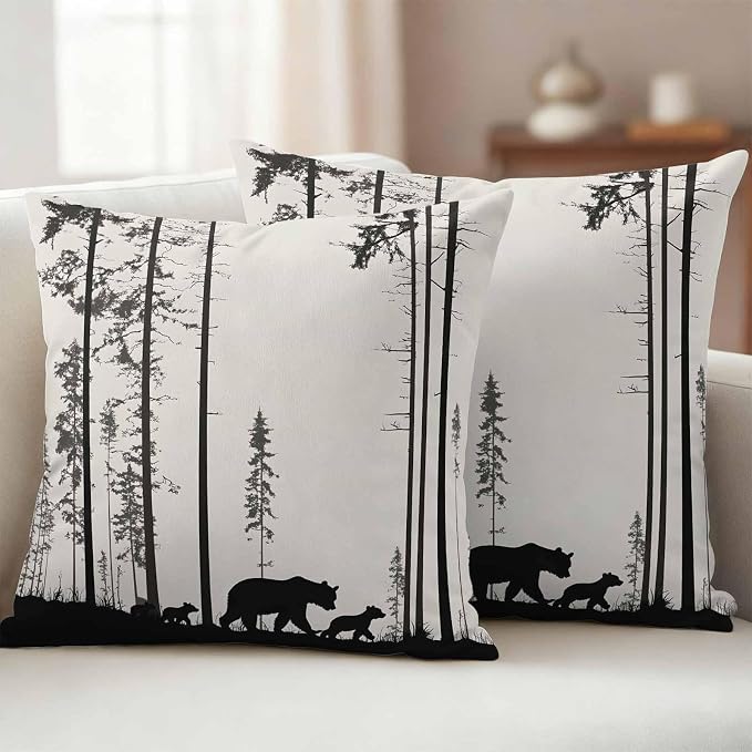 Abstract Outdoor Waterproof Throw Pillow Covers Set of 2, 20"x20", Animal Bear Family Forest Trees Silhouette Decorative Pillow Covers Outside Cushion Case for Patio Porch Garden