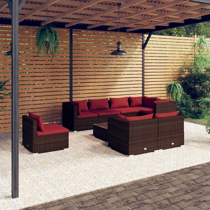 9 Piece Patio Lounge Set with Cushion, Furniture Conversation Sets Outdoor Patio Sectional Patio Lounge Set Piece Patio Set s Poly Rattan Brown