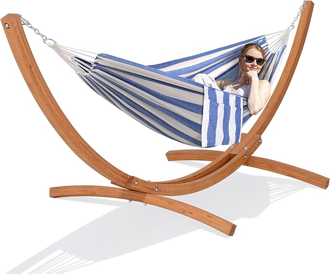 SUNCREAT Hammocks for Outside with Stand, Porch Hammock and Stand, 475 lbs Capacity, Blue & White