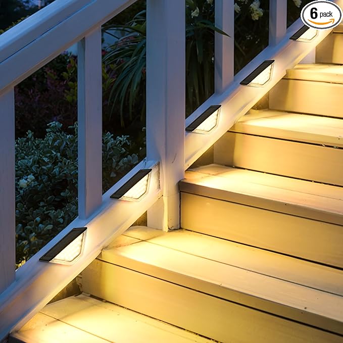 SOLPEX 6 Pack Four-Sided Illumination Solar Step Lights for Outside, Solar Stair Lights Outdoor, Solar Railing Lights Outdoor Waterproof with 33 LEDs for Steps, Stair, Deck, Porch (Warm White)