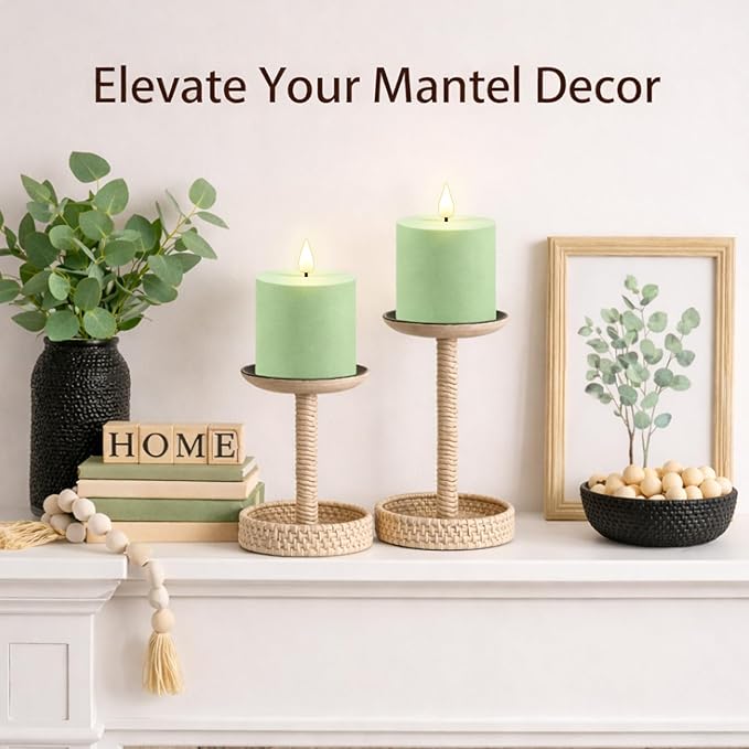 smtyle Battery Operated 3x3 inch Sage Green LED Pillar Textured Sand Finish Fake Minimalist Modern Flickering Realistic Flameless Candles for Table, Bathroom, Fireplace Mantel
