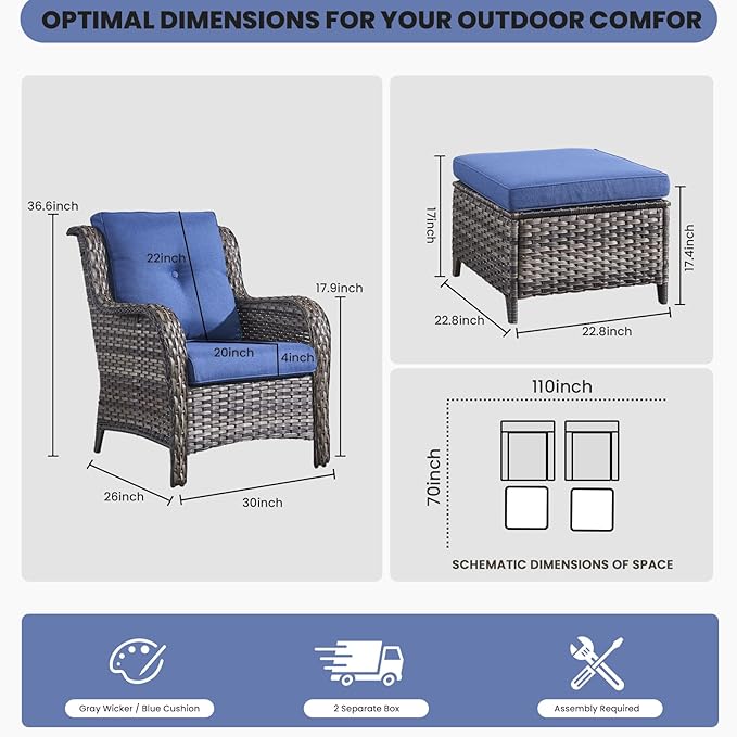 Belord Wicker Furniture 4 Pieces Outdoor Patio Furniture Set Patio Chairs with Ottomans Conversation Set for Porch Garden Deck Balcony Poolside