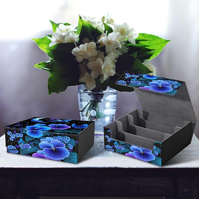 Card Deck Box for MTG, Cards Storage Box Fits 120+ Sleeved, Leather Big Size Strong Magnetic Closing Case for Board Games Magic TCG CCG Baseball Collection Women Man, Blue Flower Bird