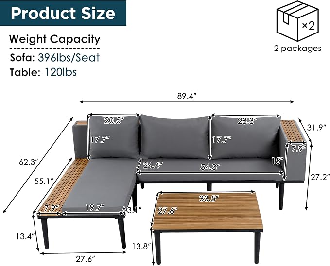 L-Shaped Metal Patio Furniture Set with Coffee Table and Removable Cushions, L-Shaped Outdoor Sectional Sofa with Side Table for Patio, Lawn, Yard, Pool or Backyard, Gray Cushion