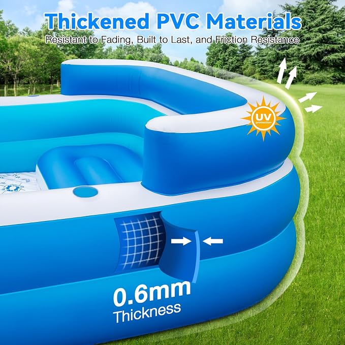 Extra Large Inflatable Pool for Adults 120"x85"x26" – Blow Up Pool with Seats & Backrest, Fits 10 Adults, Air Pump Included, Heavy Duty Above Ground Family Swimming Pool, Inflatable Pool for Backyard
