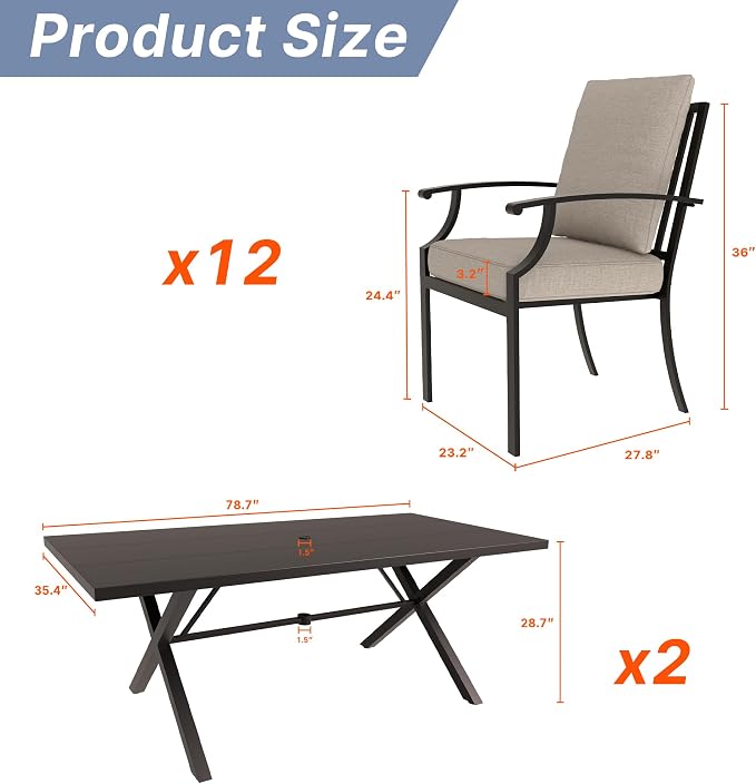 Gotland 14 Piece Outdoor Dining Set, Metal Outdoor Table and Chairs with X-Shaped Legs 1.5" Umbrella Hole, Patio Furniture Set with Waterproof Cushions, Patio Dining Sets for Backyard Deck Khaki