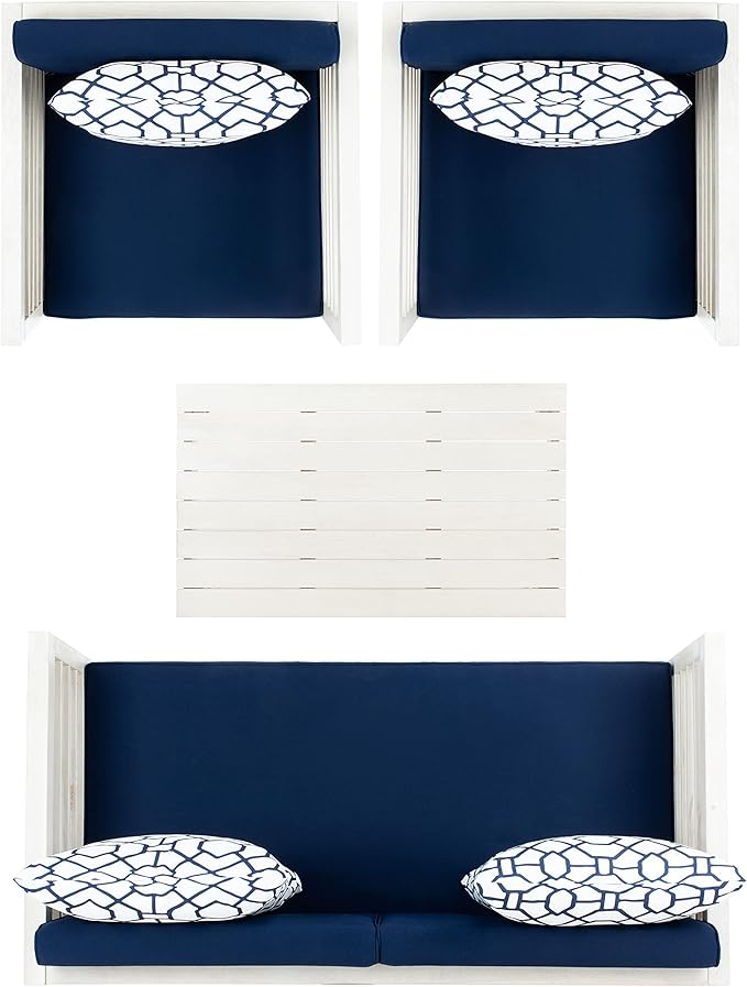 SAFAVIEH Outdoor Collection Alda White/ Navy Cushions/ Geometric Pattern Pillows 4-Piece Conversation Patio Set