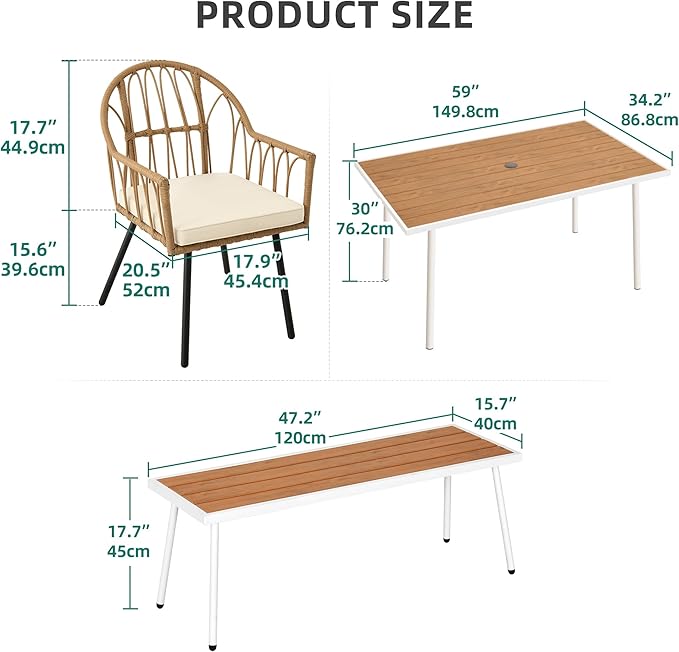 YITAHOME Outdoor Patio Dining Set 6 pcs 59" Outdoor Table and Chairs Patio Dining Furniture Sets for 6 with Chairs & Table & Bench Outdoor Dining Table Set for Garden Lawn Porch Indoor