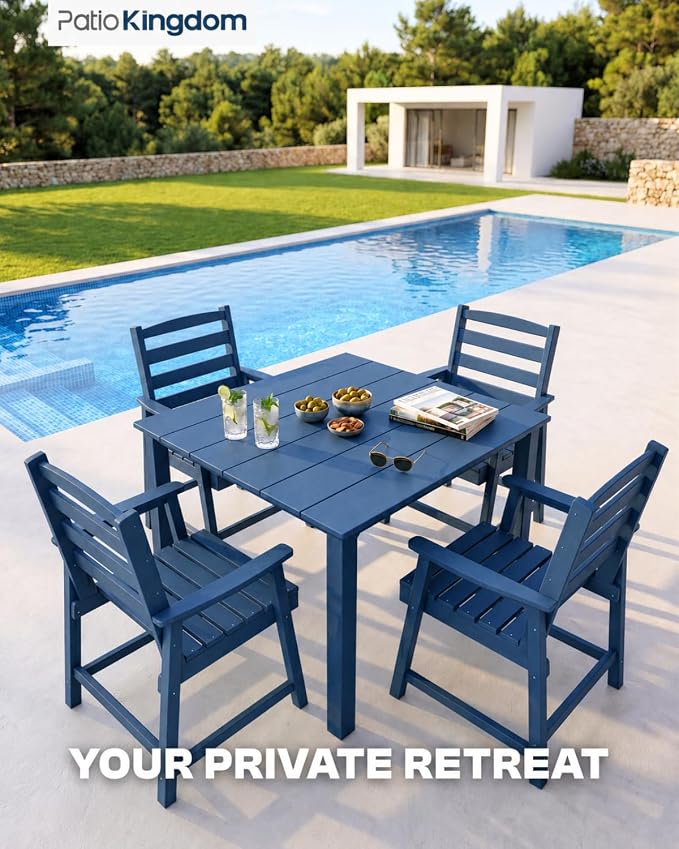 HDPE Outdoor Dining Set for 4, Square Table and Chairs, Navy | All-Weather HDPE, Wood Grain Finish, 42.5" Square Table, Built-In Umbrella Hole, Seats 4, Patio & Poolside Ready
