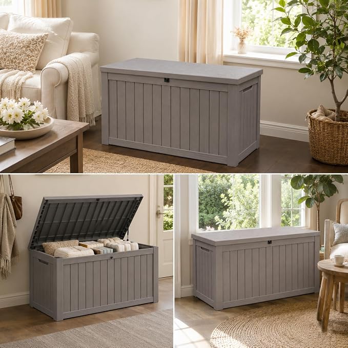 146 Gallon Deck Box, Waterproof Outdoor Storage Box, Lockable Resin Patio Storage Box for Cushions, Garden Tools & Pool Accessories, Heavy Duty Outdoor Storage Bench, Gray Brown