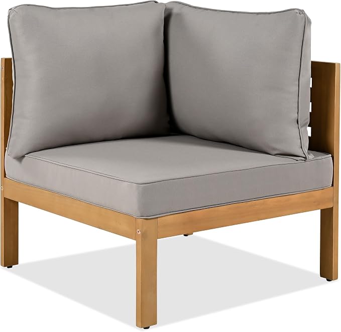 4 Piece Patio Seating Set, L-Shaped Patio Acacia Wood Sofa Set with Coffee Table, Woven Mesh Armrests, Outdoor Conversation Set with Cushions and Side Table, Gray+Natural