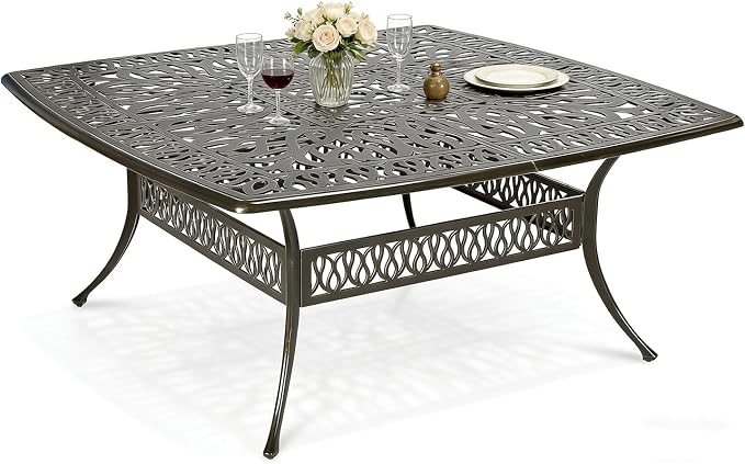 MEETWARM 64" Square Cast Aluminum Patio Dining Table, Weather-Resistant Large Outdoor Dining Table for 8 Person, Patio Furniture Table with Umbrella Hole and Adjustable Foot Pads, Dark Bronze