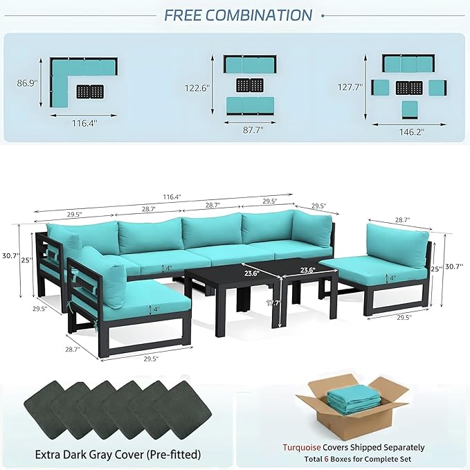 NICESOUL 8 Piece Oversized Modular Aluminum Outdoor Furniture Set, 29" Deep and Wide Sectional Seating, 500 lbs High Weight Capacity Water Resistant Patio Conversation Set for Garden Deck, Turquoise