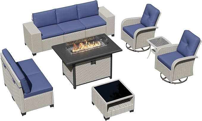 10-Piece Outdoor Patio Furniture Set, Modular Sectional Sofa Set with Swivel Rocker Chairs & Fire Pit, Wicker Outdoor Couch Conversation Sets w/Coffee Table and Cushions, Blue
