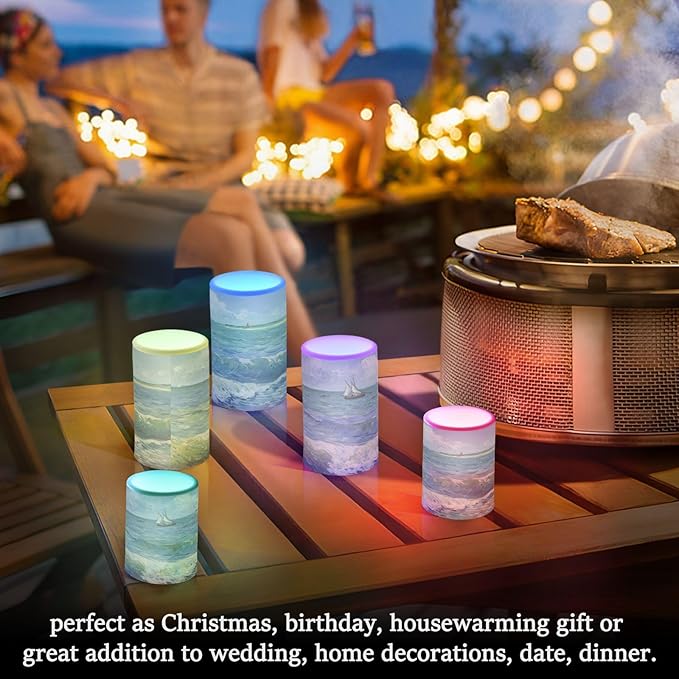 Van Gogh Sailboat Flameless Candles Color Changing LED Candles with Remote Control Battery Candles for Outdoor and Indoor Home and Room Decoration, 3'' x 4''/5'' Set of 2 Pieces