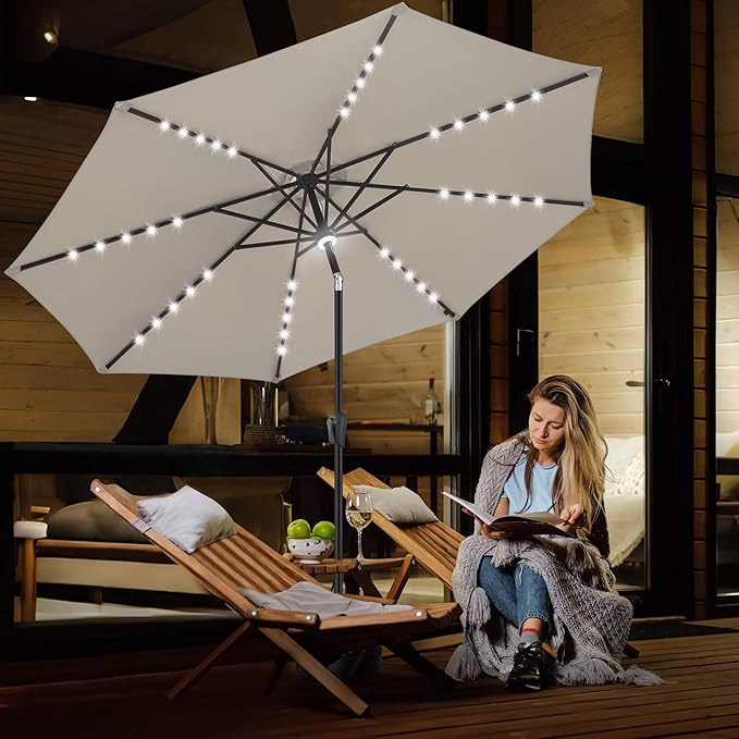 FLAME&SHADE 9 FT outdoor umbrella with 40LED lights, solar light patio umbrella with Centre Surround Light, Table Market Umbrella Outdoor Patiofor Deck, Pool, Backyard, Garden (Taupe)