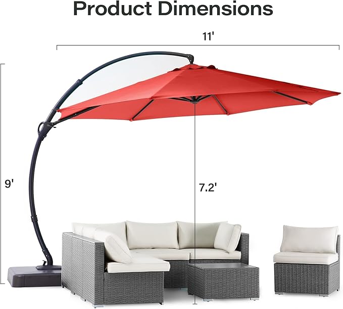 LAUSAINT HOME 11ft Patio Cantilever Umbrella with Base Included, Outdoor Curvy Round Offset Umbrella, Heavy Duty Aluminum, 360° Rotation for Pool, Deck, Lawn, Backyard (Red)