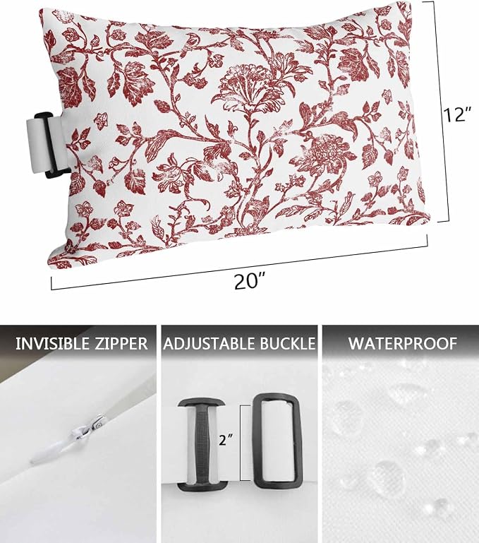 Pack of 2 Outdoor Lumbar Pillow Covers 12x20 Inch, Red Boho Flower Waterproof Throw Pillow Covers Set, Vintage Paisley Farmhouse Pattern Indoor&Outdoor Decorative Cushion Cases for Patio Porch Beach