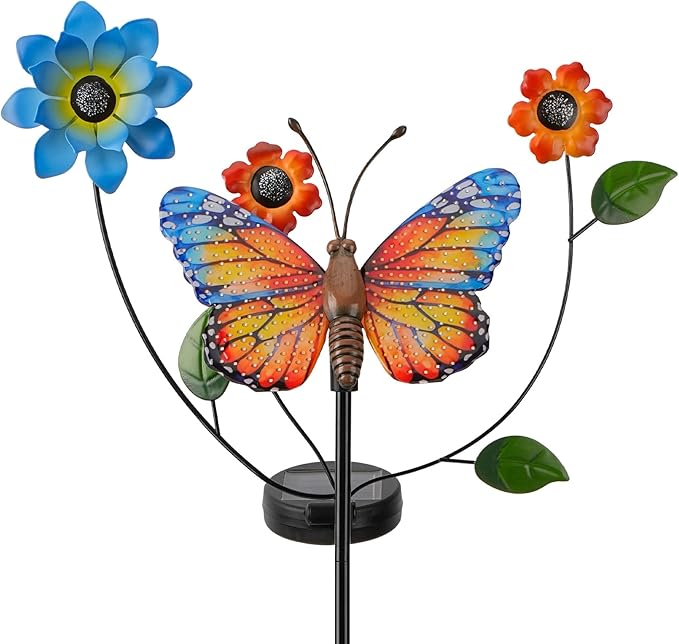 Solar Butterfly Garden Lights, 2 Lighting Modes, Colorful LED with Flower & Butterfly Decor, Waterproof Solar Stake Lights for Garden Yard Patio Lawn Pathway (Yellow)