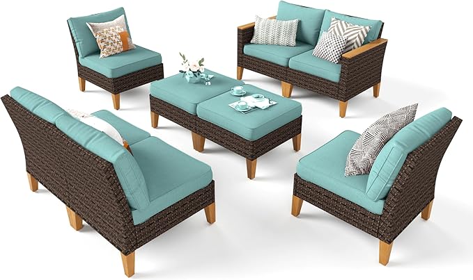Sophia & William Oversized Patio Furniture Set, 8 Piece Outdoor Wicker Conversation Set Rattan Sectional Sofa, 2 Corner Sofa, 4 Armless Sofa, 2 Ottoman for Backyard, Deck, Pool(Aqua Blue)