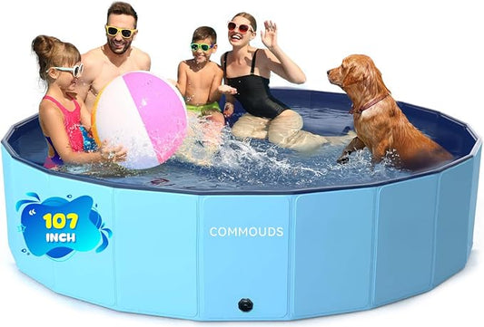 COMMOUDS 107 Inch Extra Large Foldable Dog Pool, Collapsible Hard Plastic Dog Kiddie Swimming Pool, Portable Pet Bath Tub Wading Pools for Kids and Puppy Small Medium Large Dogs