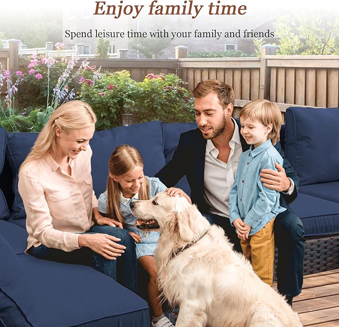 9 Pieces Outdoor Sectional Patio Furniture Set with Fire Pit Table PE Rattan Wicker Patio Sectional Armless Conversation Set with Cushions Blue