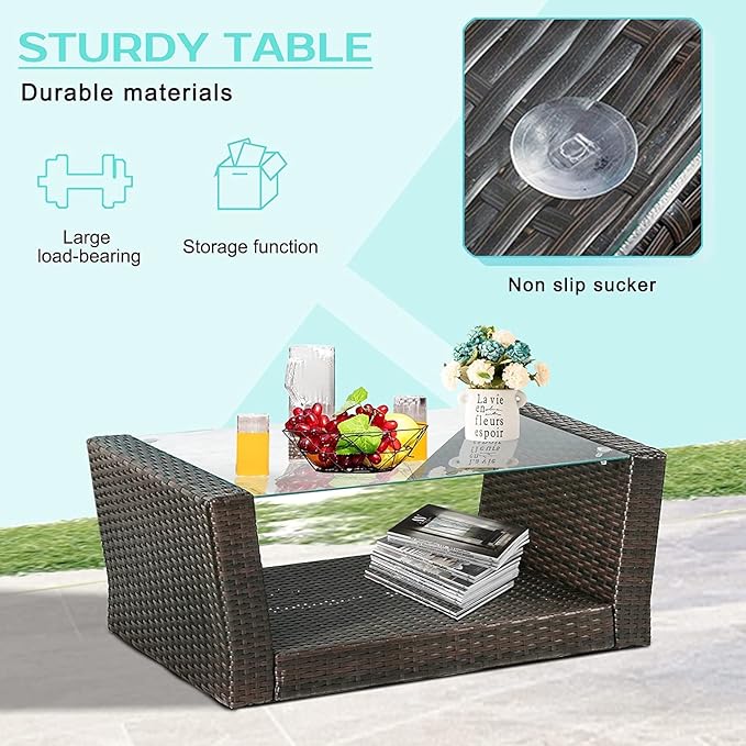 PayLessHere 4 Pieces Patio Conversation Set, Outdoor PE Rattan Wicker Sofa Furniture Set with Soft Cushions and Glass Coffee Table for Backyard Lawn Garden Balcony Porch Poolside (Blue)