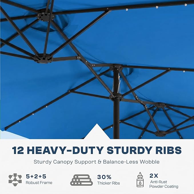 15FT Large Outdoor Patio Umbrella with Solar Lights and Base, Double-Sided Table Umbrellas with 48 LED Lights, Rectangle Market Umbrella for Pool, Deck, Backyard