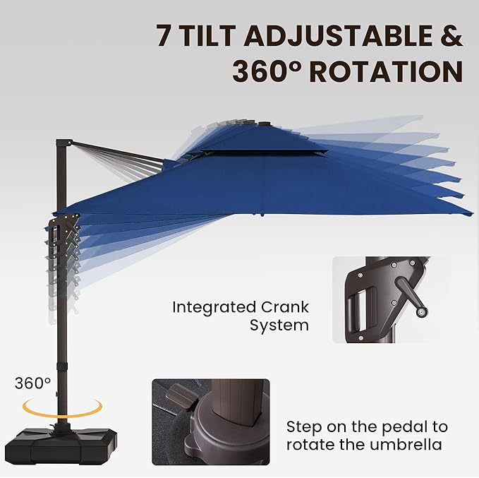 9 X 12 FT Cantilever Patio Umbrella with Led Lights and Base Included Outdoor Heavy Duty Double Top Rectangle Offset Umbrellas with 360-degree Rotation for Pool Deck Backyard, Navy