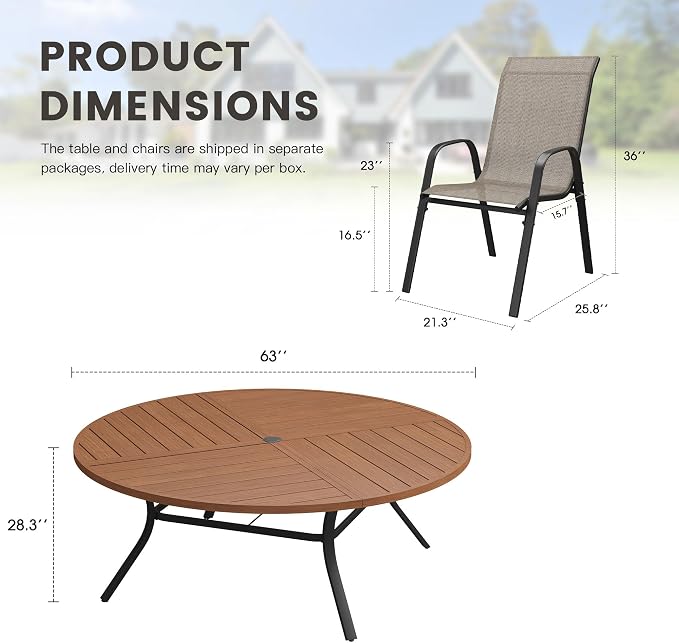 11 Pieces Outdoor Dining Set, 63.1" Spliced Patio Table with Umbrella Hole & Stackable Outdoor Dining Chairs, Patio Furniture Set for Deck Garden Porch, Brown Chairs & Walnut Table