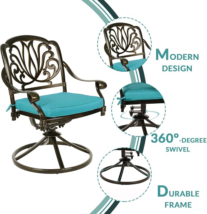MEETWARM 5-Piece Outdoor Patio Dining Set, All-Weather Cast Aluminum Patio Conversation Set for Backyard Garden Deck with 4 Cushions Swivel Rocker Chairs and 35.4" Square Table, Ocean Blue