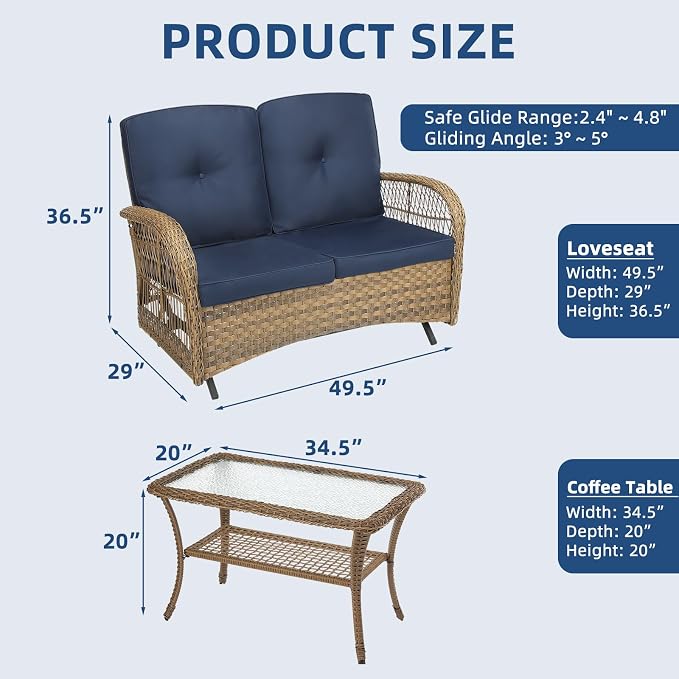 2 Piece Outdoor Wicker Gliding Loveseat Set, Patio Conversation Furniture Sets with 2-Seater Glider Rocking Bench, Glass-Top Coffee Table and Cushions for Porch Garden Poolside, Navy Blue