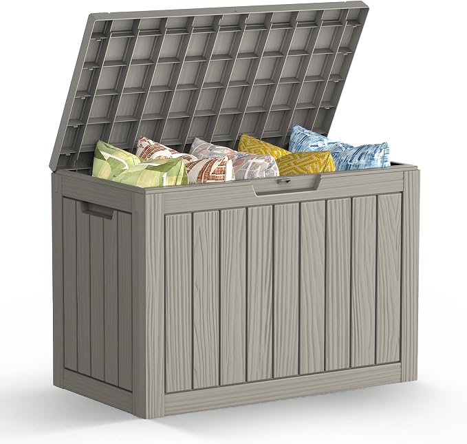 Mars Villa 45 Gallon Deck Box, Waterproof Weatherproof and UV Resistant Resin Deck Storage Box, Ideal for Indoor, Outdoor, Patio Furniture Pillows, Pool Supplies, Gardening Tools, Grey