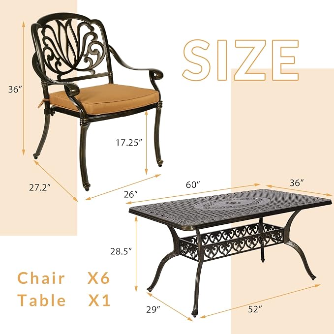 7-Piece Outdoor Patio Dining Set, 60” Rectangular Cast Aluminum Dining Table with Umbrella Hole and 6 Outdoor Dining Cushioned Chairs, Patio Funiture Set for Backyard, Patio, Garden
