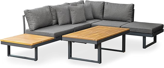 Greemotion 3-Piece San Jose Metal Modular Outdoor Sectional, Patio Furniture Set Certified 100% Teak Wood Patio Conversation Set, Gray