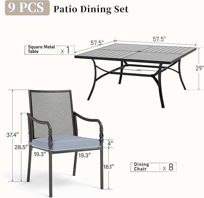 SUNSHINE VALLEY Patio Table and Chairs Set of 8, All Weather Breathable Metal Mesh Patio Chair with Gourd-Shaped Armrests, 60x60 Square Table with Umbrella Hole, 9 Pcs Metal Frame Patio Dining Set
