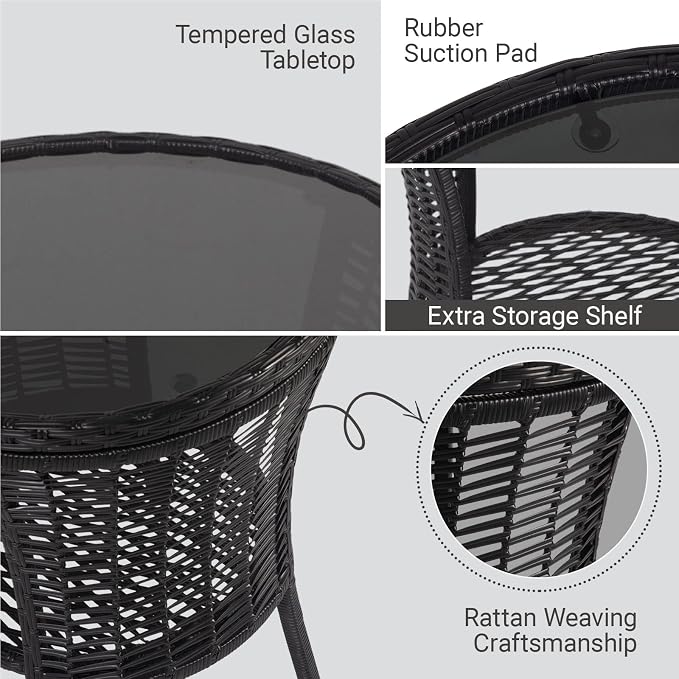 Outdoor Side Table - Patio Wicker End Table with Extra Storage Shelf, Rattan Outdoor Side Table with Round Glass Tabletop for Garden, Backyard, Porch, Black