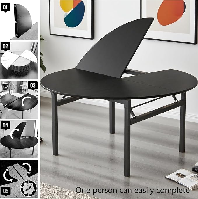 Large Round Foldable Table Top, 59 ” Diameter Portable Dining Table Extender Top, No Legs Wooden Round Table Tops Only, for Round Table and Square Table (Black, 5.9ft/71.2in)
