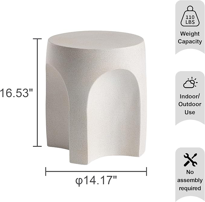 HOMPUS Outdoor Side Table Set of 2, Unique Patio End Table w Arch Shape, Round MgO Lightweight Concrete Accent, Modern Vintage Garden for Indoor Outdoor Use, White