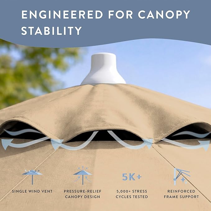 California Umbrella 10-Year Protection 9 Ft Outdoor Patio Umbrella, Pacifica Fade-Resistant Fabric, Auto-Tilt, Heavy Duty Aluminum Frame, 8 Reinforced Ribs for Pool or Deck, White Pole, Beige